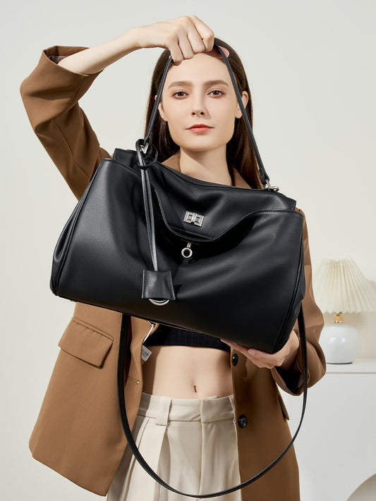 High-End Genuine Leather and Suede Leather Handbag with Lock Clasp, Women's Versatile Shoulder & Crossbody Bag for Commuting
