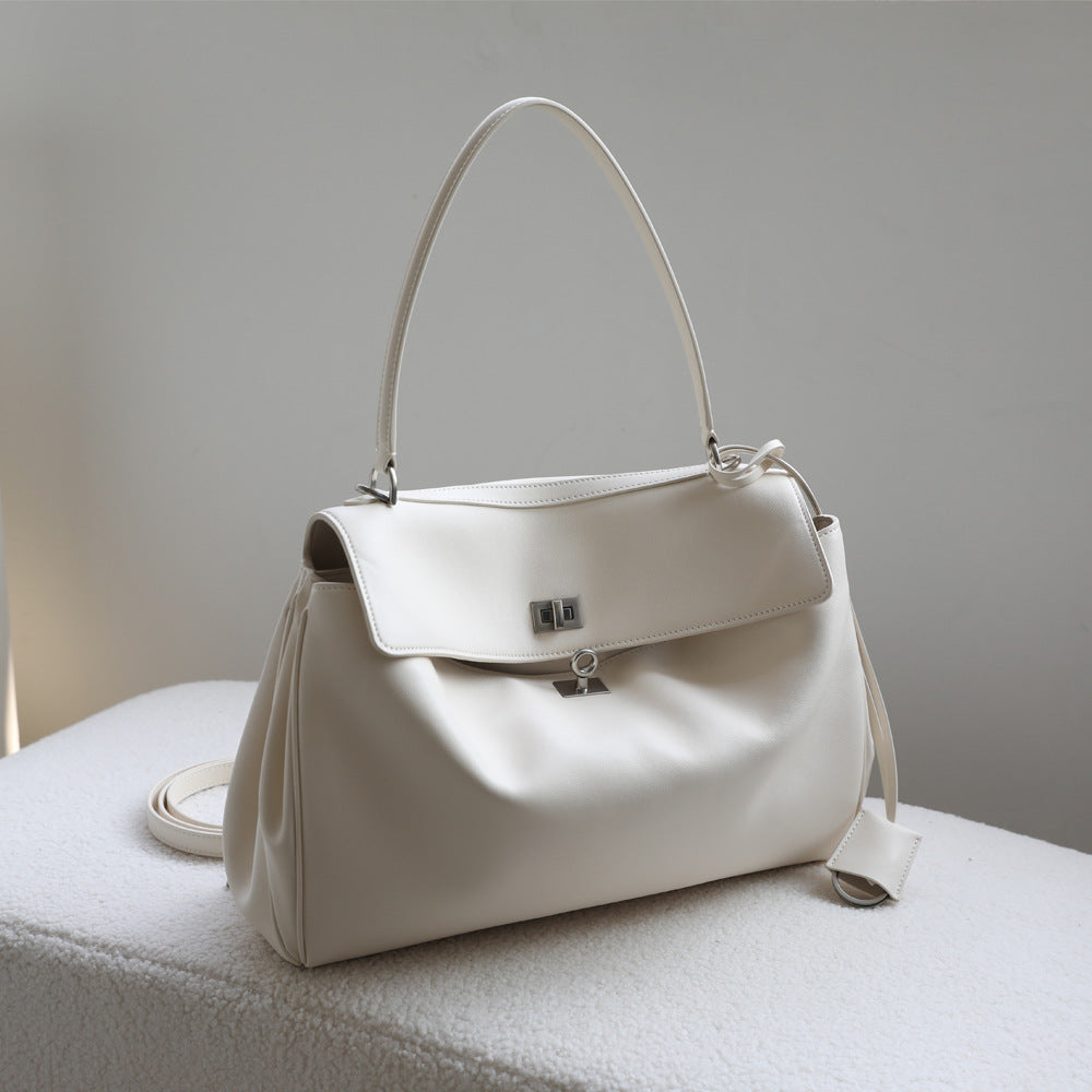 High-End Genuine Leather and Suede Leather Handbag with Lock Clasp, Women's Versatile Shoulder & Crossbody Bag for Commuting