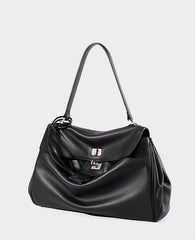 High-End Genuine Leather and Suede Leather Handbag with Lock Clasp, Women's Versatile Shoulder & Crossbody Bag for Commuting