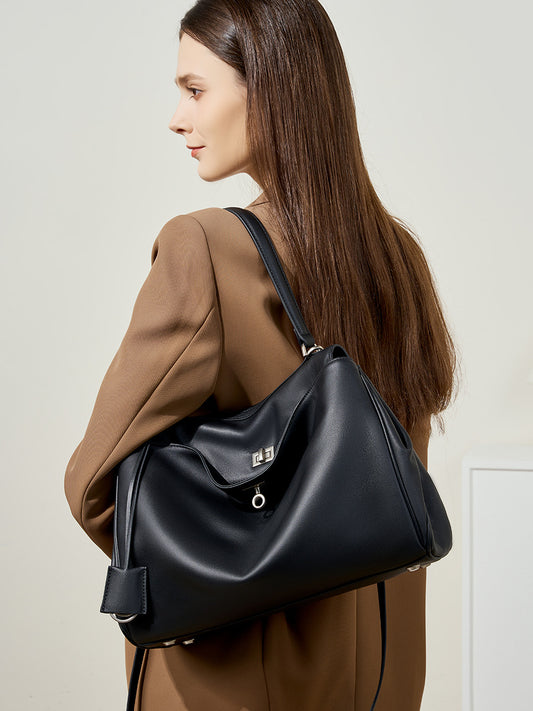 High-End Genuine Leather and Suede Leather Handbag with Lock Clasp, Women's Versatile Shoulder & Crossbody Bag for Commuting