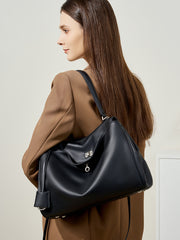 High-End Genuine Leather and Suede Leather Handbag with Lock Clasp, Women's Versatile Shoulder & Crossbody Bag for Commuting