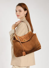 High-End Genuine Leather and Suede Leather Handbag with Lock Clasp, Women's Versatile Shoulder & Crossbody Bag for Commuting