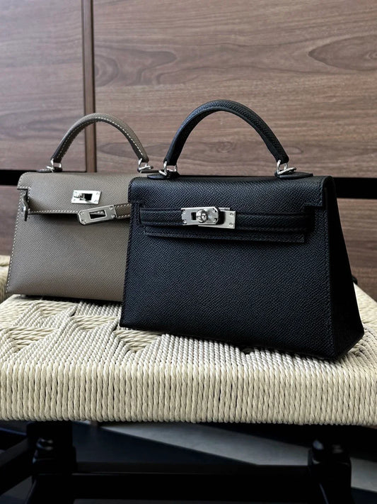 High-end Epsom Calfskin Leather Mini Bag, Luxury Leather Top Handle & Crossbody Handbag for Women