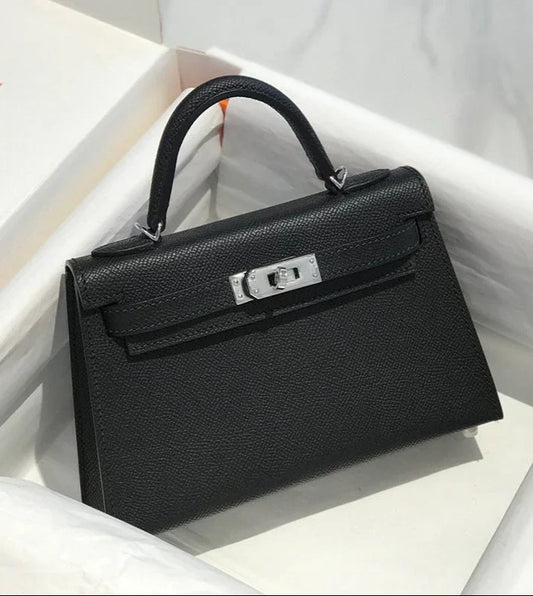 High-end Epsom Calfskin Leather Mini Bag, Luxury Leather Top Handle & Crossbody Handbag for Women