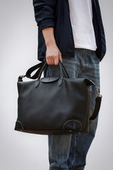 Handmade Black Leather Duffle Bag, Men’s Travel Weekender, Genuine TC Cowhide Business Overnight Bag with Shoulder Strap