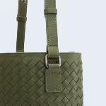 olive green woven lambskin leather bucket bag with adjustable shoulder strap