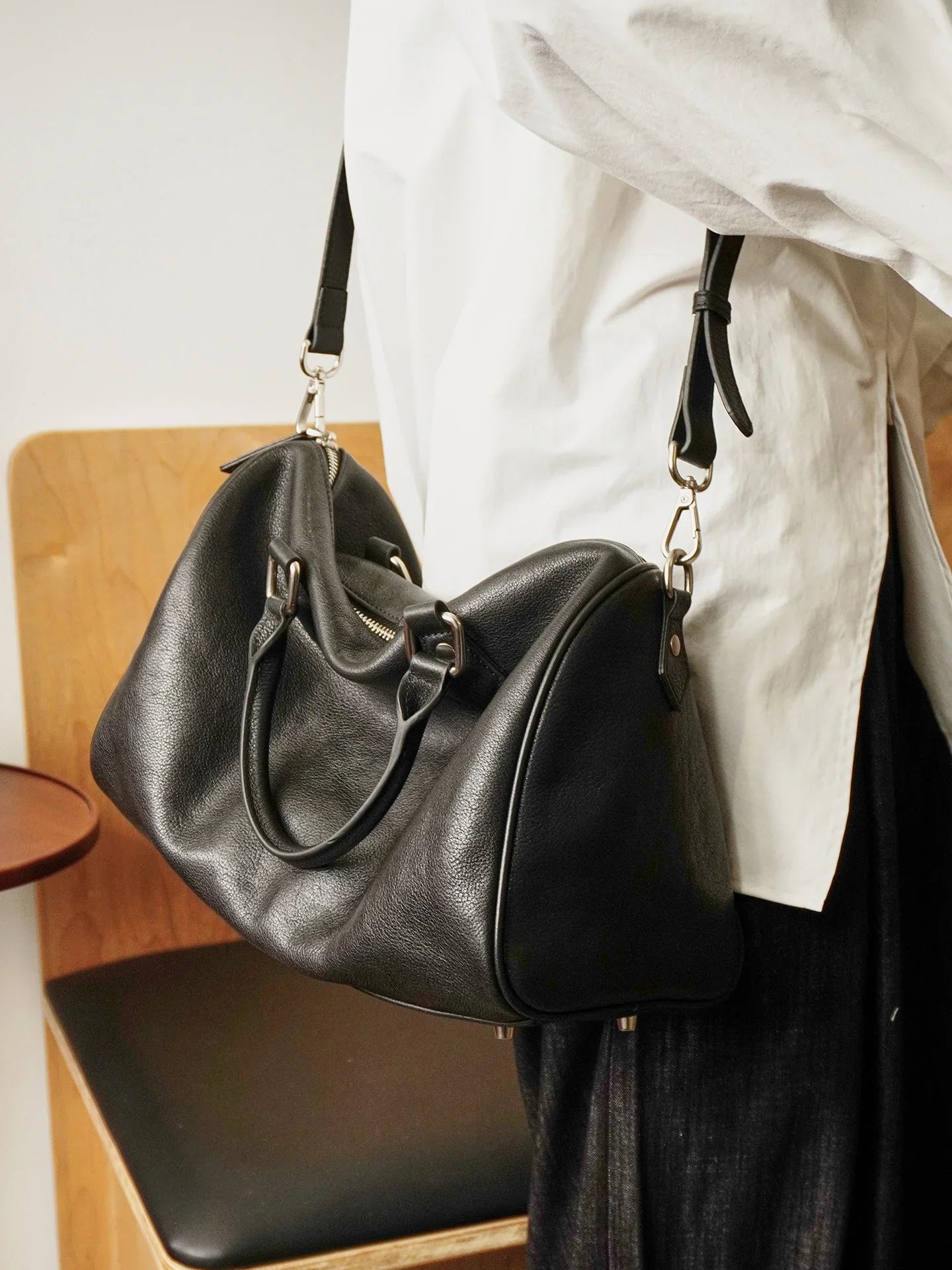 Large Cowhide Leather Boston Bag, Vintage Matte Leather Crossbody & Commuter Satchel with Sheep Charm