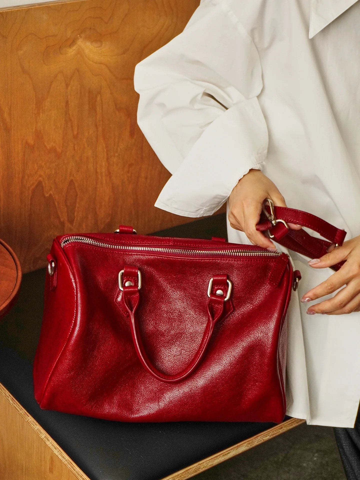 Large Cowhide Leather Boston Bag, Vintage Matte Leather Crossbody & Commuter Satchel with Sheep Charm