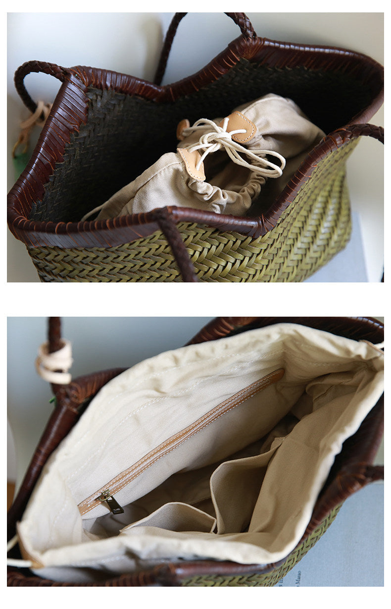 Handwoven Full Grain Cowhide Leather Basket Tote | V-Cut Rim Leather Shoulder Bag | Summer Beach Bag in Two Sizes