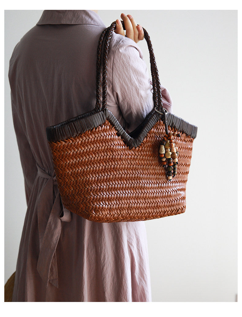 Handwoven Full Grain Cowhide Leather Basket Tote | V-Cut Rim Leather Shoulder Bag | Summer Beach Bag in Two Sizes