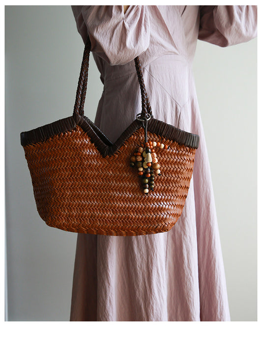 Italian Full Grain Cowhide Handwoven Basket Bag | Artisan Leather Shoulder Hobo Tote