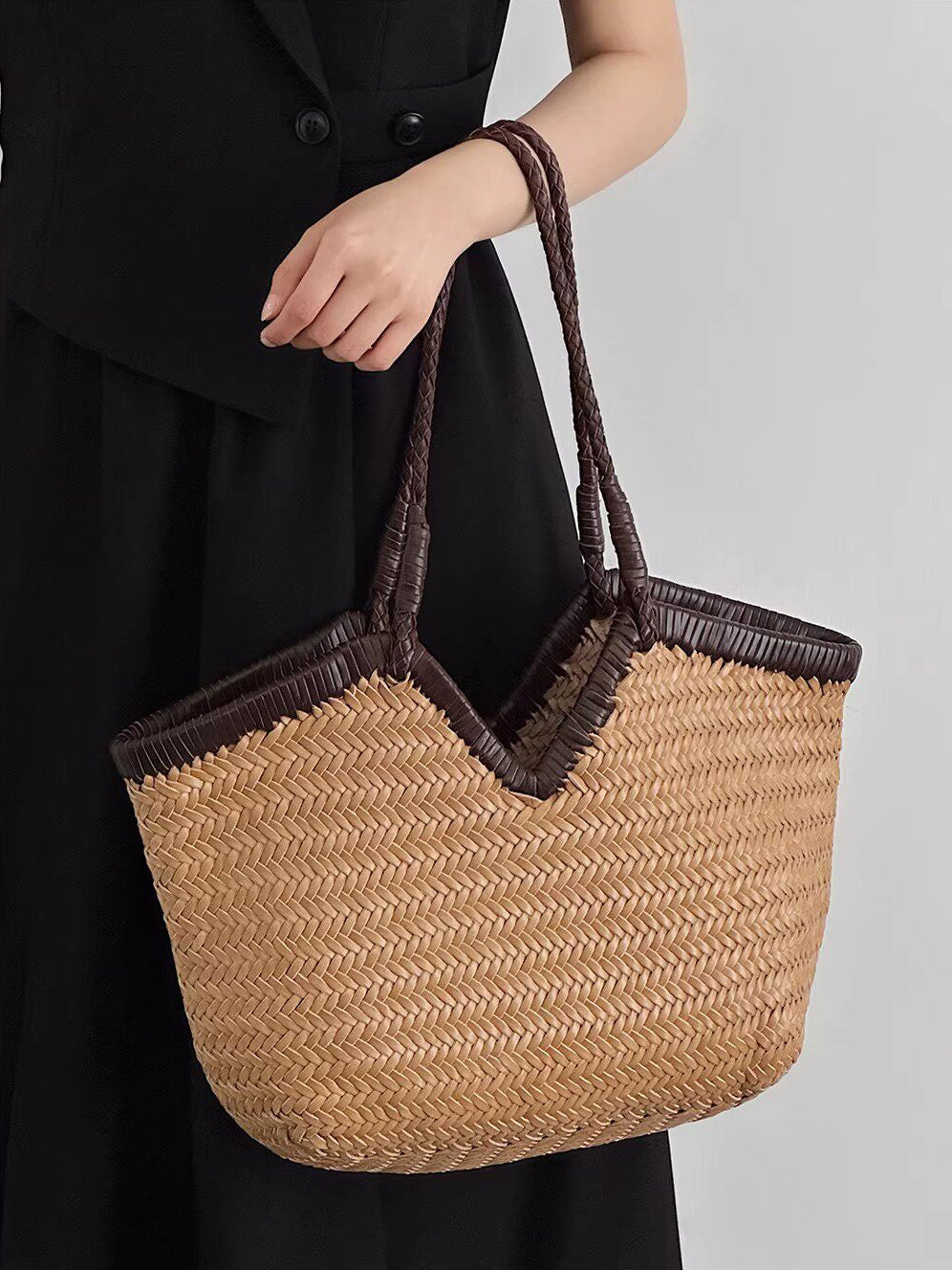 Italian Full Grain Cowhide Handwoven Basket Bag | Artisan Leather Shoulder Hobo Tote