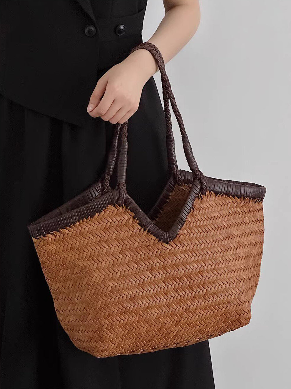 Italian Full Grain Cowhide Handwoven Basket Bag | Artisan Leather Shoulder Hobo Tote