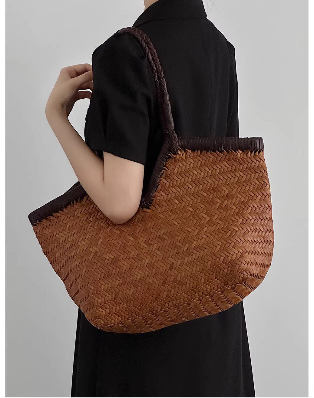 Italian Full Grain Cowhide Handwoven Basket Bag | Artisan Leather Shoulder Hobo Tote