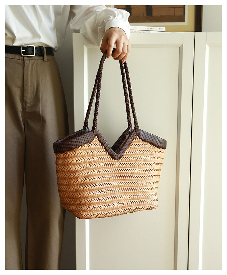 Handwoven Full Grain Cowhide Leather Basket Tote | V-Cut Rim Leather Shoulder Bag | Summer Beach Bag in Two Sizes