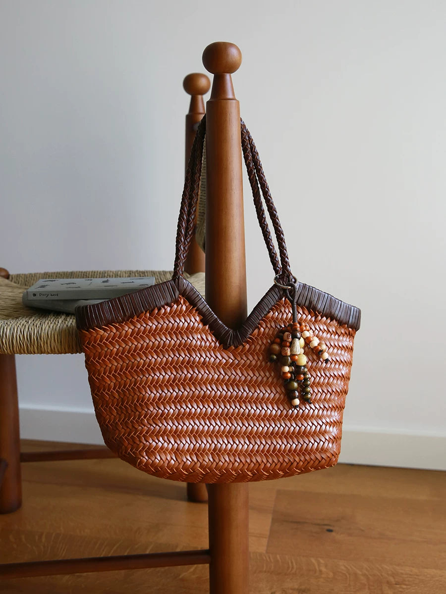 Handwoven Full Grain Cowhide Leather Basket Tote | V-Cut Rim Leather Shoulder Bag | Summer Beach Bag in Two Sizes