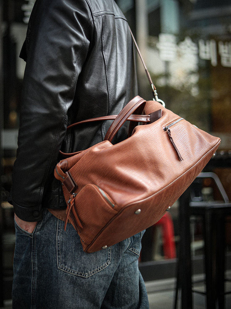 Italian Full Grain Leather Weekender Bag | British-Style Slouchy Duffel & Shoulder Bag