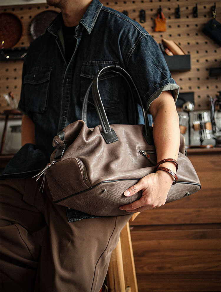 Italian Full Grain Leather Weekender Bag | British-Style Slouchy Duffel & Shoulder Bag