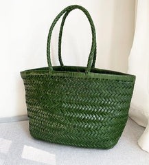 Italy Full Grain Leather Soft Woven Triple Jump Bamboo Style HandBag, Handcrafted Ladies Bag, Basket Bag, Coffee, Black, Brown