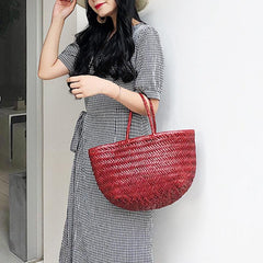 Italy Full Grain Leather Soft Woven Triple Jump Bamboo Style HandBag, Handcrafted Ladies Bag, Basket Bag, Coffee, Black, Brown