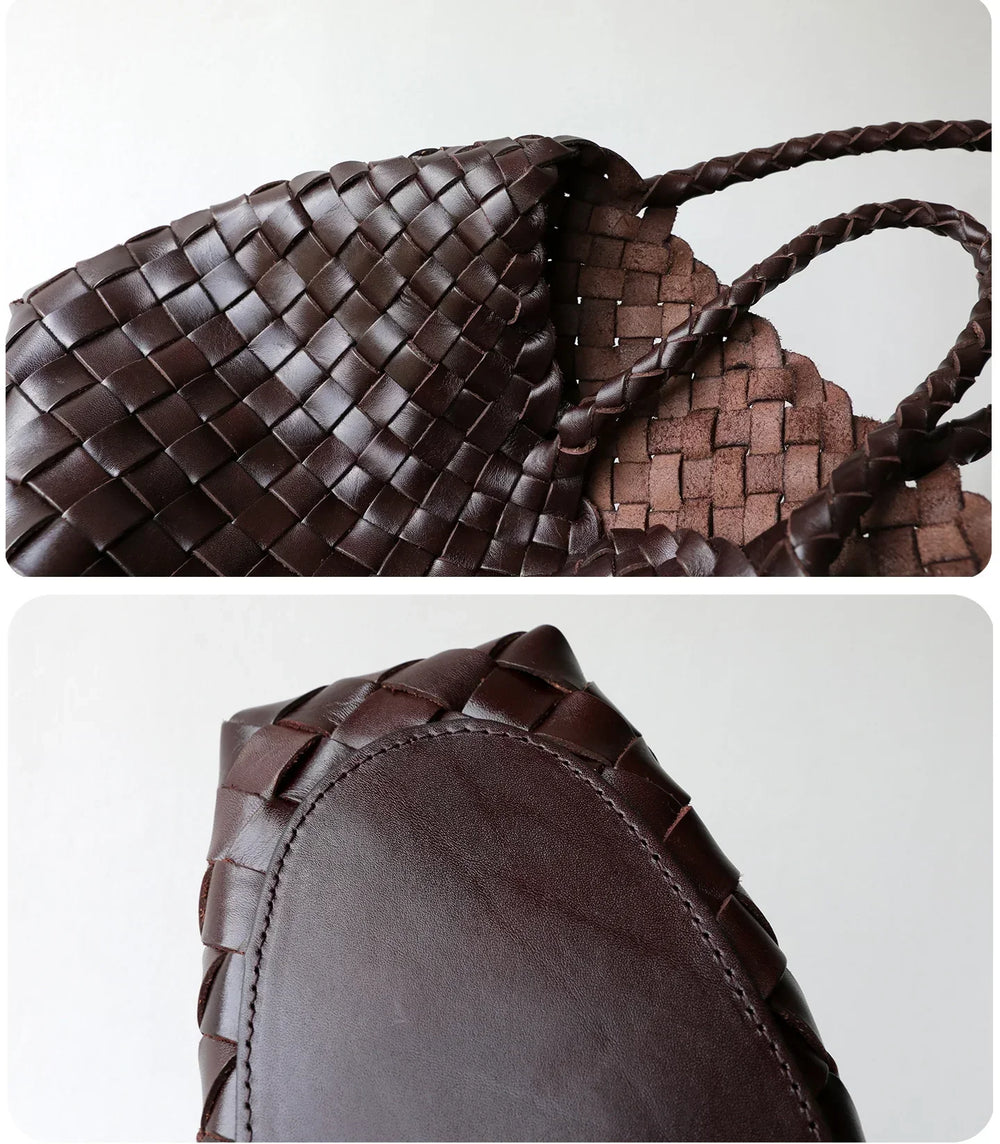 Closeup of dark brown Italian full grain leather woven hobo bag with braided handles