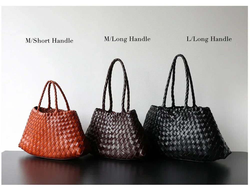 Three woven leather trapezoidal shoulder bags in brown, burgundy, and black with short and long handles, displayed side by side.