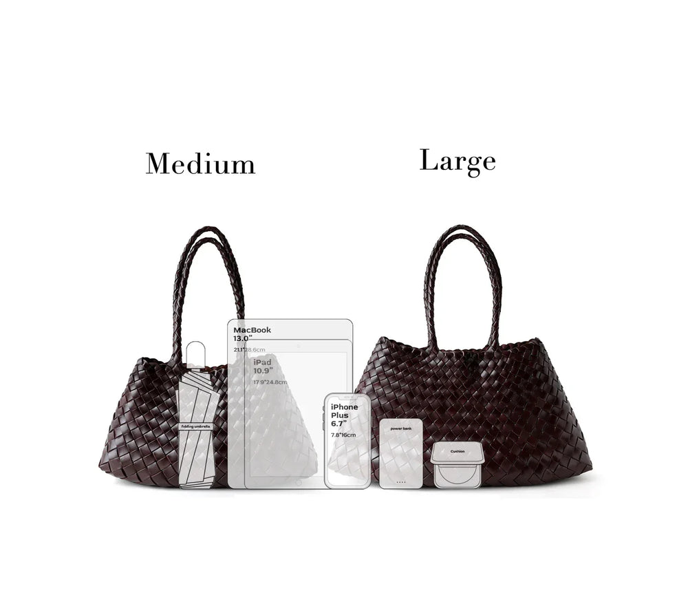 Medium and large brown woven leather trapezoidal shoulder bags with size comparison to daily essentials.