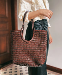 Italy Cowhide Leather Summer Woven Bag, Woven Triple Jump Bamboo Style HandBag, Beach Bag, Basket Bag, Hobo Leather Bag, Gift For Her