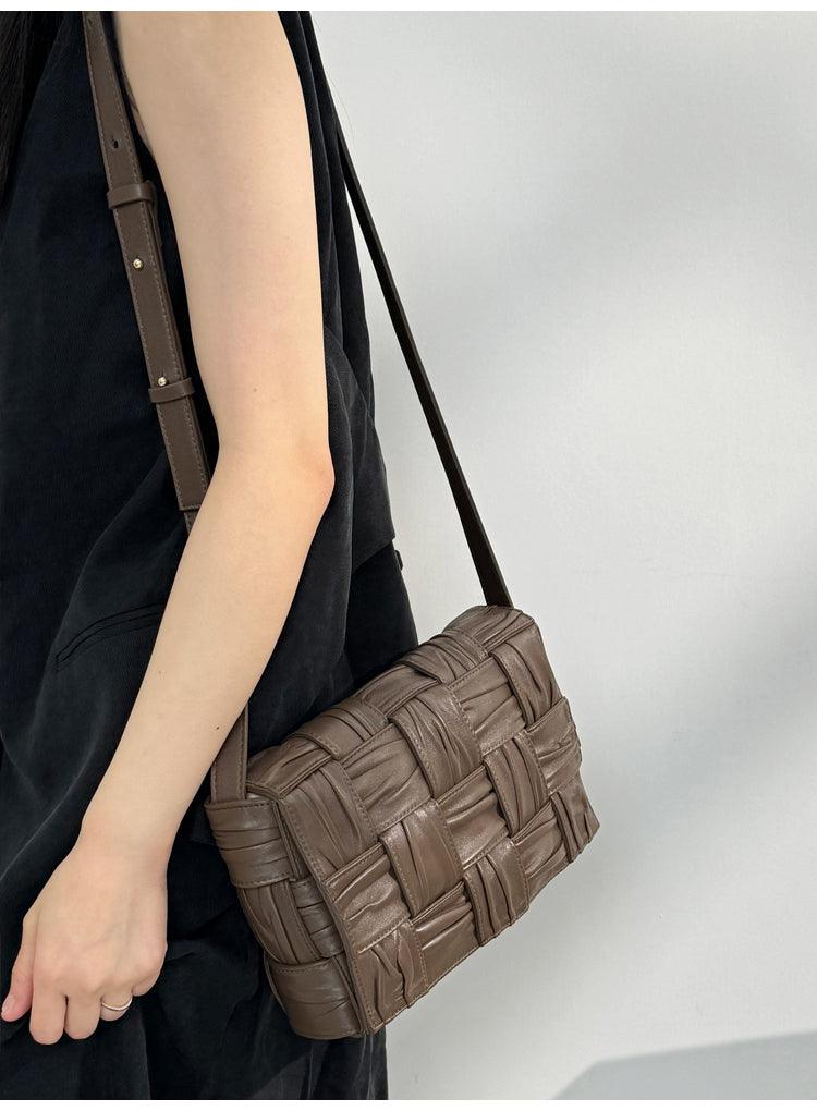 Italy Lambskin Leather Quilted Elegant Shoulder Bag, Wrinkle Leather Handwoven Bag, Trendy Boutique Designer Bag, Classic Style Leather Bag, Dark Brown