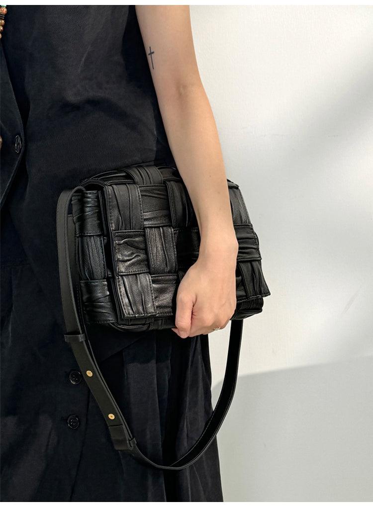 Italy Lambskin Leather Quilted Elegant Shoulder Bag, Wrinkle Leather Handwoven Bag, Trendy Boutique Designer Bag, Classic Style Leather Bag, Dark Brown