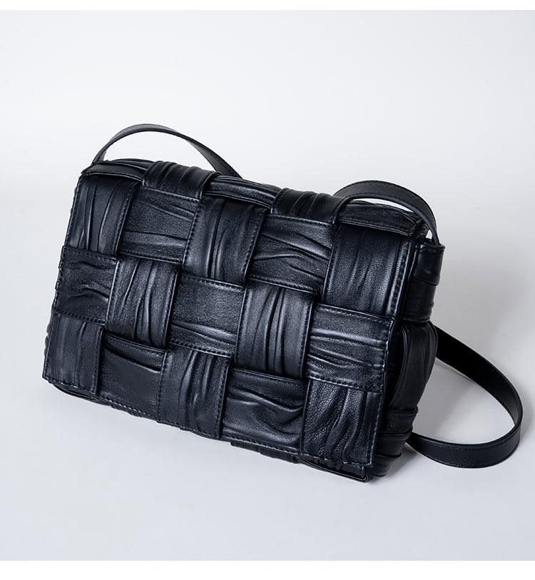 Italy Lambskin Leather Quilted Elegant Shoulder Bag, Wrinkle Leather Handwoven Bag, Trendy Boutique Designer Bag, Classic Style Leather Bag, Dark Brown