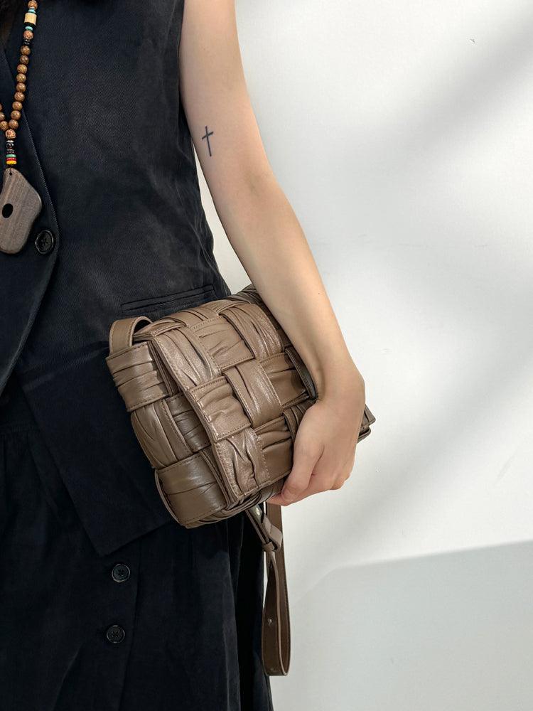 Italy Lambskin Leather Quilted Elegant Shoulder Bag, Wrinkle Leather Handwoven Bag, Trendy Boutique Designer Bag, Classic Style Leather Bag, Dark Brown