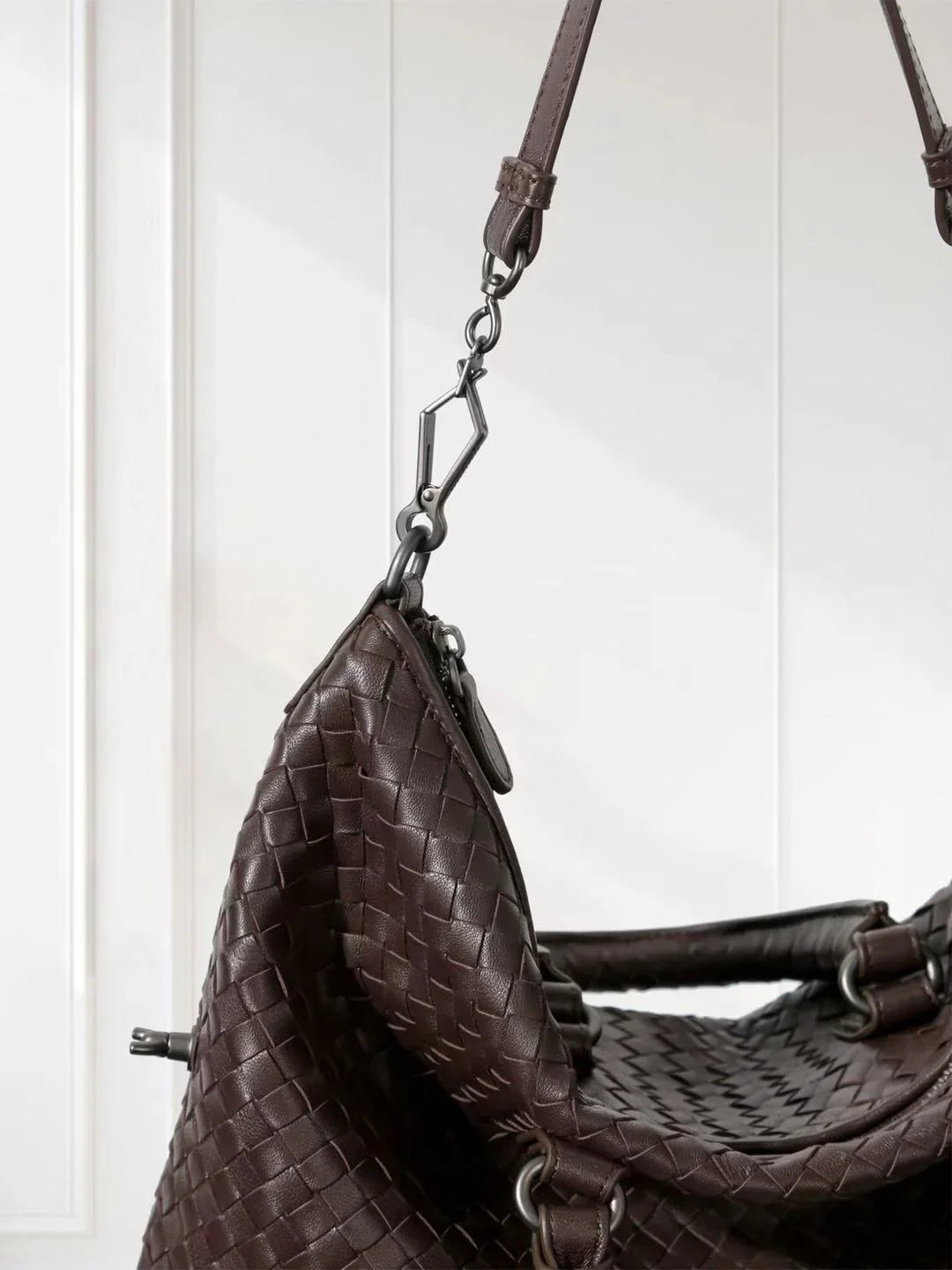 Black woven lambskin leather tote bag with quilted intrecciato design and shoulder strap