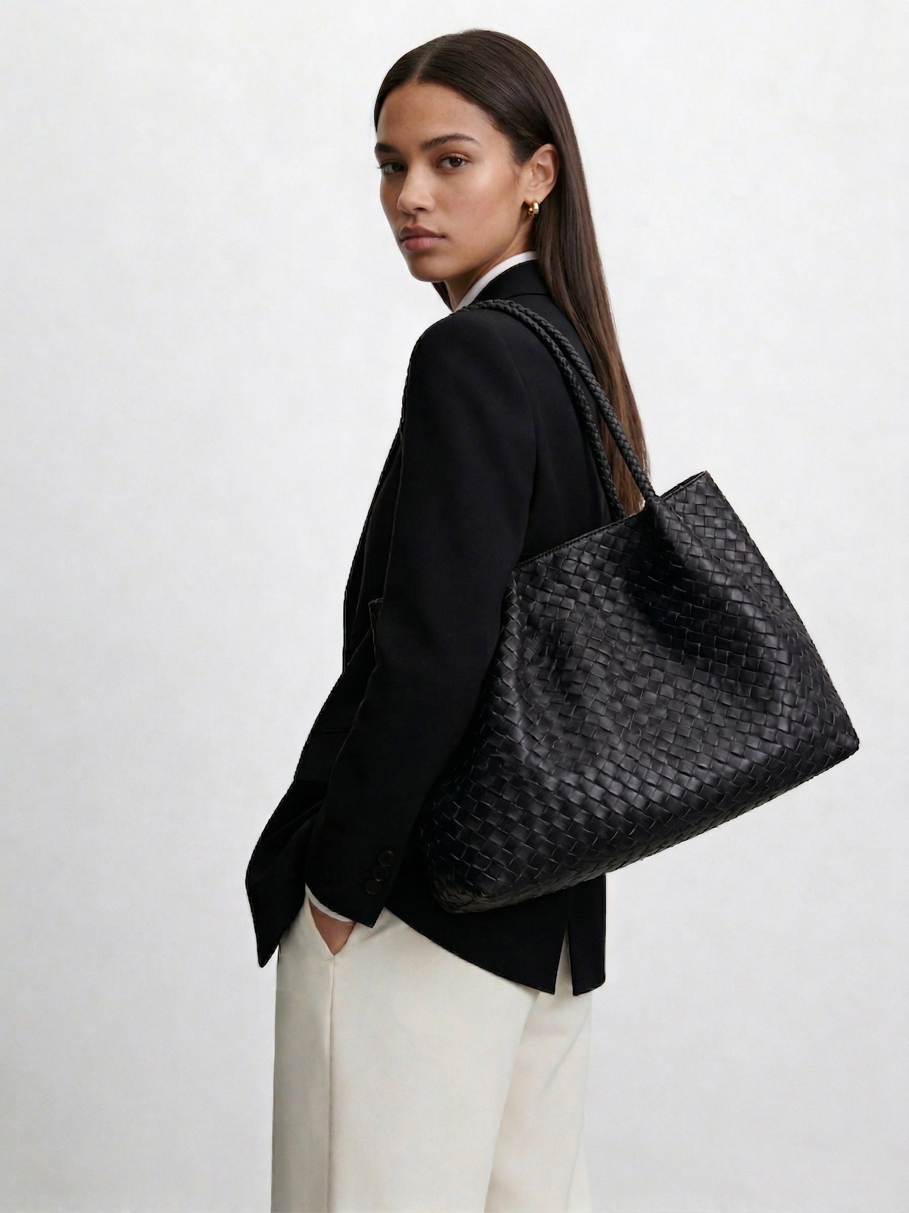 Italy Lambskin Leather Tote, Large Intrecciato Leather Bag, Classic Elegant Tote in Trendy, Designer Bag, Gift to Her