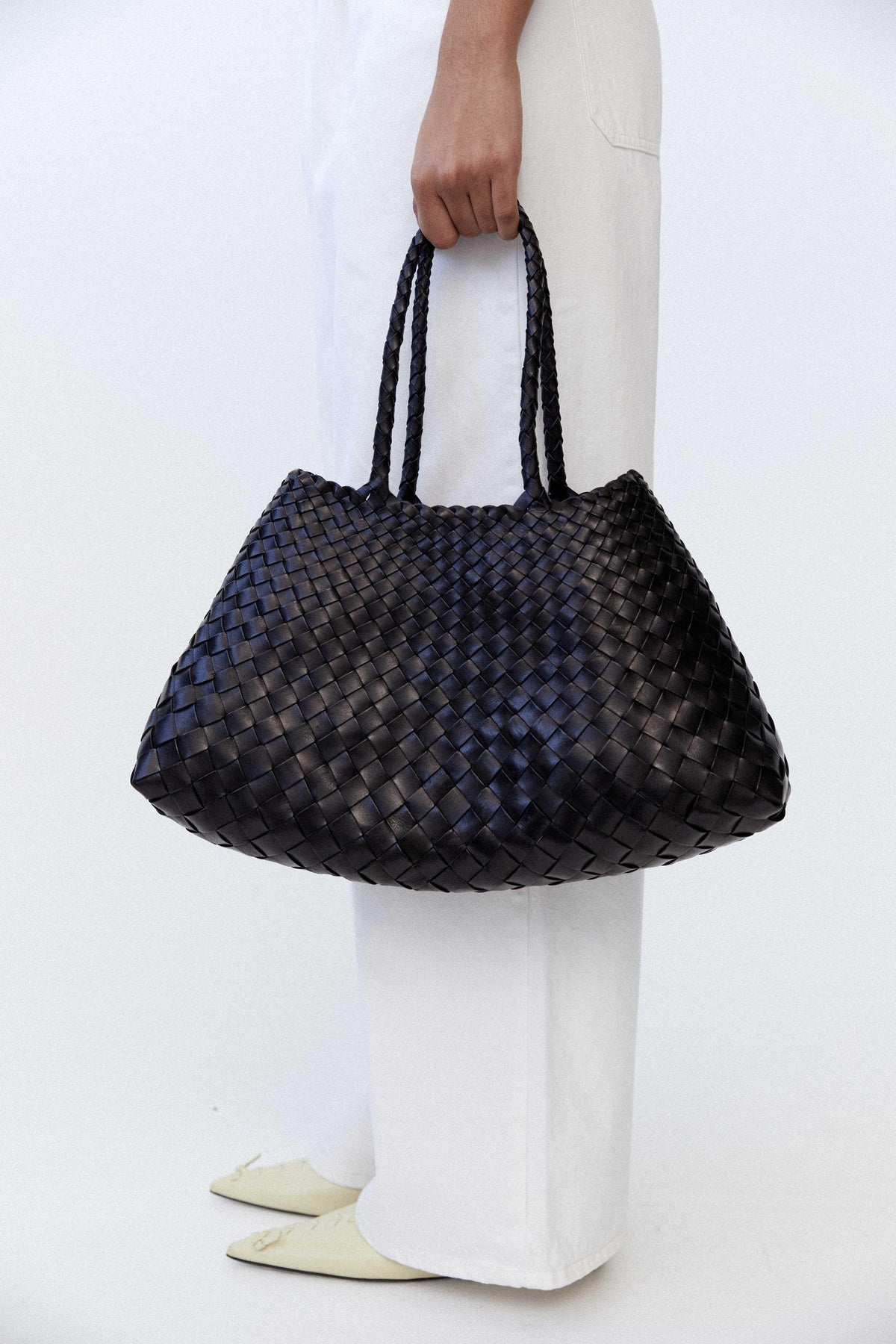 Italy Leather Woven Bag Hobo Trapezoidal Shoulder Bag (Long Handle) | New Style Summer Beach Bag Full Grain Leather Triple Jump Bamboo HandBag, Handcrafted Basket Bag