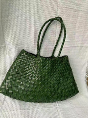 Italy Leather Woven Bag Hobo Trapezoidal Shoulder Bag (Long Handle) | New Style Summer Beach Bag Full Grain Leather Triple Jump Bamboo HandBag, Handcrafted Basket Bag