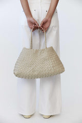 Italy Leather Woven Bag Hobo Trapezoidal Shoulder Bag (Long Handle) | New Style Summer Beach Bag Full Grain Leather Triple Jump Bamboo HandBag, Handcrafted Basket Bag