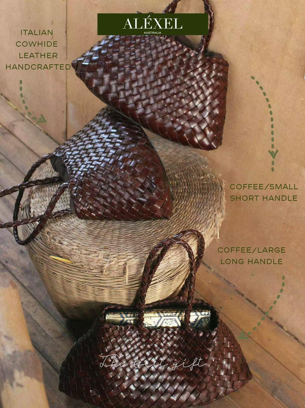 Handcrafted Italian cowhide leather woven bags with coffee color, short and long handles on rustic floor.