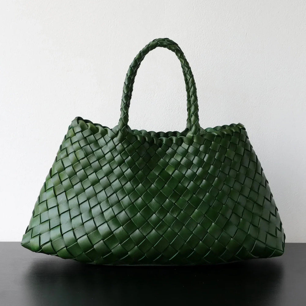 Green leather woven hobo shoulder bag with long handle, trapezoidal shape