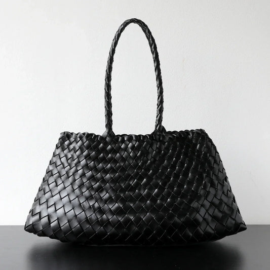 Italy Leather Woven Bag Hobo Trapezoidal Shoulder Bag (Long Handle) | New Style Summer Beach Bag Full Grain Leather Triple Jump Bamboo HandBag, Handcrafted Basket Bag