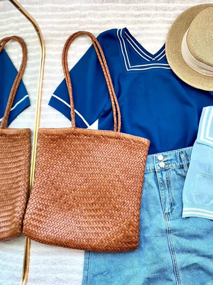 Italy Leather Woven Hobo Rectangle Tote Bag, Summer Beach Bag, Full Grain Leather Triple Jump Bamboo HandBag, Handcrafted Basket Bag