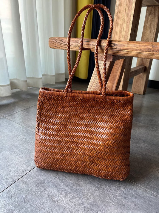 Italy Leather Woven Hobo Rectangle Tote Bag, Summer Beach Bag, Full Grain Leather Triple Jump Bamboo HandBag, Handcrafted Basket Bag