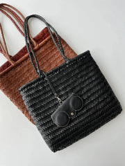 Italy Leather Woven Hobo Rectangle Tote Bag, Summer Beach Bag, Full Grain Leather Triple Jump Bamboo HandBag, Handcrafted Basket Bag