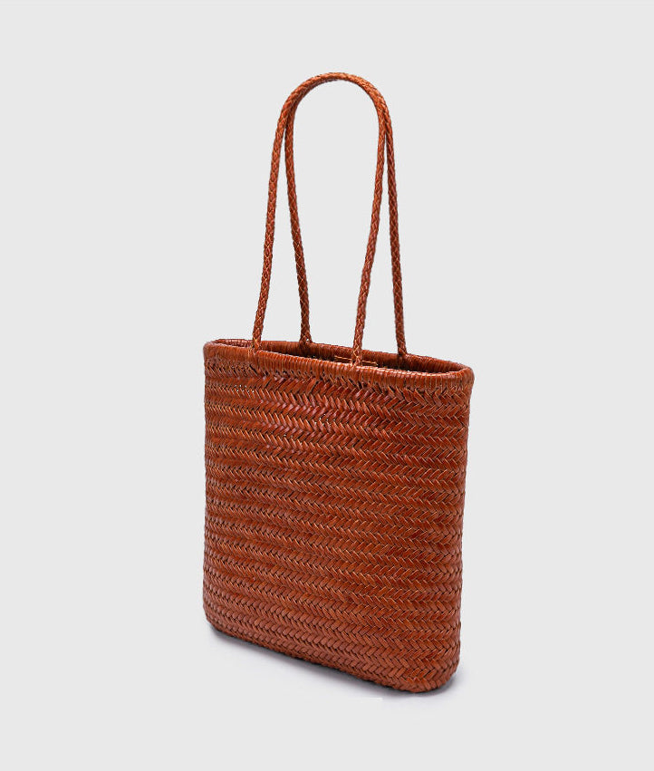 Italy Leather Woven Hobo Rectangle Tote Bag, Summer Beach Bag, Full Grain Leather Triple Jump Bamboo HandBag, Handcrafted Basket Bag