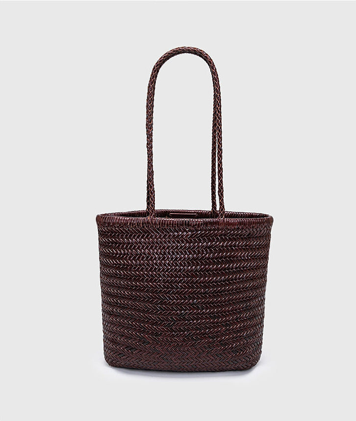 Italy Leather Woven Hobo Rectangle Tote Bag, Summer Beach Bag, Full Grain Leather Triple Jump Bamboo HandBag, Handcrafted Basket Bag