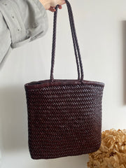 Italy Leather Woven Hobo Rectangle Tote Bag, Summer Beach Bag, Full Grain Leather Triple Jump Bamboo HandBag, Handcrafted Basket Bag