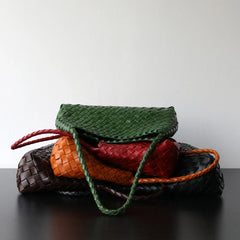 Italy Woven Leather Hobo Bag | Interwoven Summer Beach Bag, Full Grain Leather Triple Jump Bamboo HandBag, Black Leather Hobo Bag