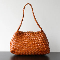 Italy Woven Leather Hobo Bag | Interwoven Summer Beach Bag, Full Grain Leather Triple Jump Bamboo HandBag, Black Leather Hobo Bag