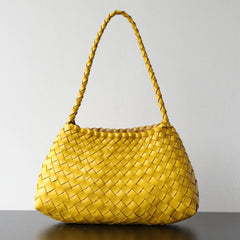Italy Woven Leather Hobo Bag | Interwoven Summer Beach Bag, Full Grain Leather Triple Jump Bamboo HandBag, Black Leather Hobo Bag