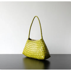 Italy Woven Leather Hobo Bag | Interwoven Summer Beach Bag, Full Grain Leather Triple Jump Bamboo HandBag, Black Leather Hobo Bag